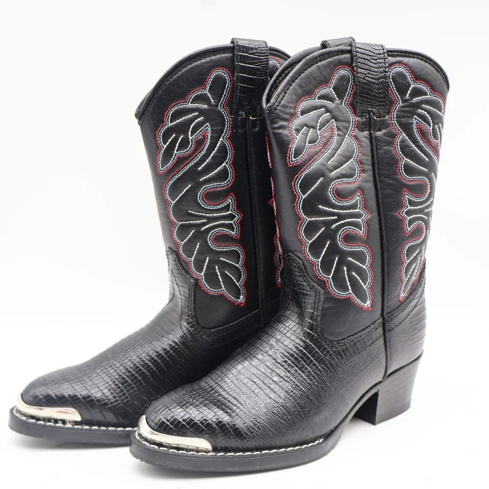 Laredo Western Cowboy Boots Kids Size 2D Vintage Black Lizard Embossed 28-2230-6